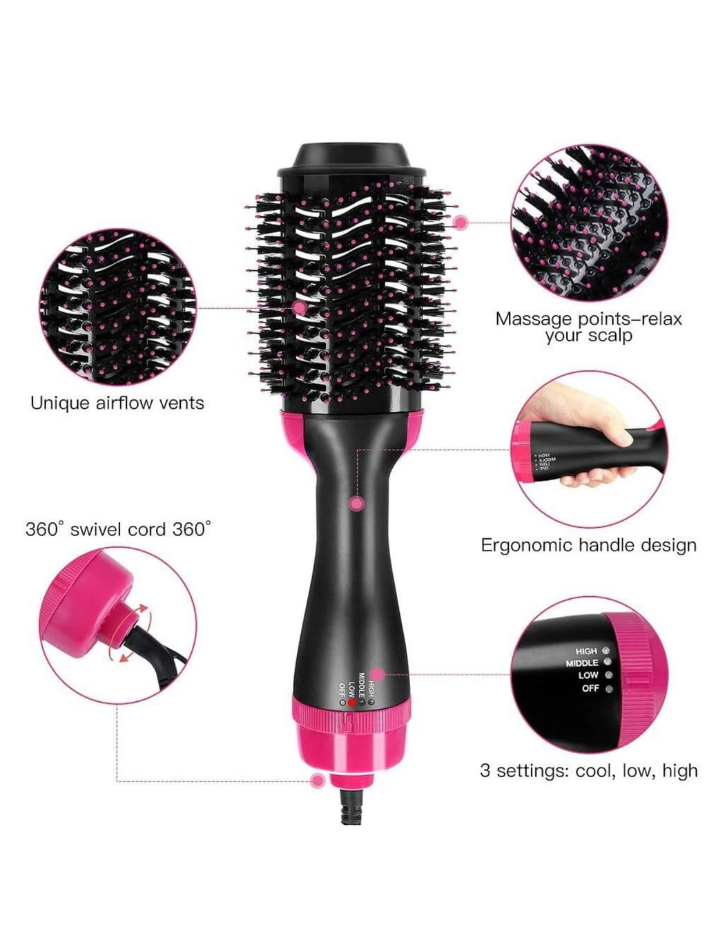 1 Pc Multifunctional Hot Air Comb,4-In-1 Hot Air Combhair Dryer, for Hair Curler & Straightener, Puffy Hairstyling,One-Step Volumizer Hair Dryer and Styler,Less Frizz, More Shine and Less Heat Damage for Salon-Style Blowouts Black/Pink