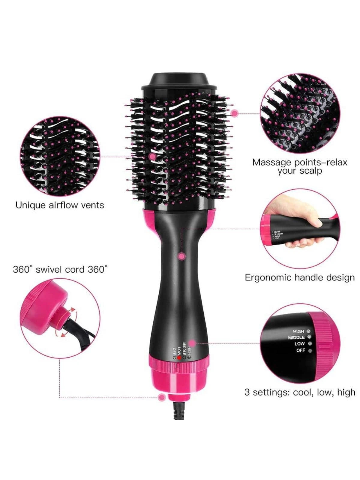 1 Pc Multifunctional Hot Air Comb,4-In-1 Hot Air Combhair Dryer, for Hair Curler & Straightener, Puffy Hairstyling,One-Step Volumizer Hair Dryer and Styler,Less Frizz, More Shine and Less Heat Damage for Salon-Style Blowouts Black/Pink
