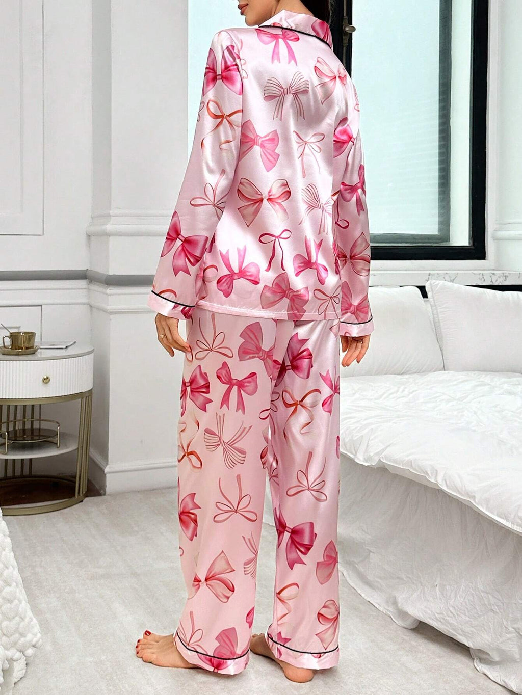 Bow-Knot Faux Silk Lapel Collar Open Front Long Sleeve Top & Pants Pajama Set, Fall Winter Clothes Cozy and Elegant Details