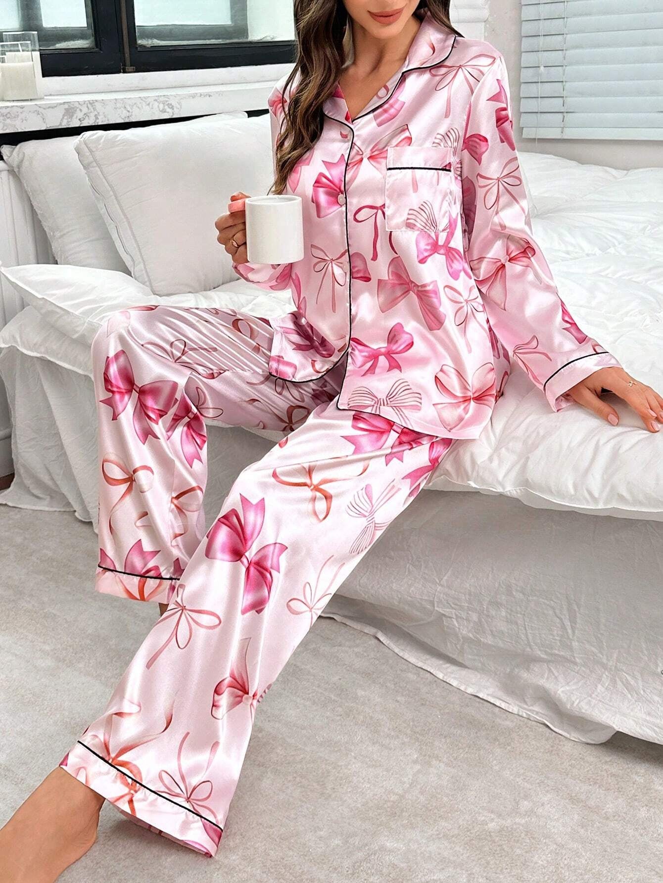 Bow-Knot Faux Silk Lapel Collar Open Front Long Sleeve Top & Pants Pajama Set, Fall Winter Clothes Cozy and Elegant Details