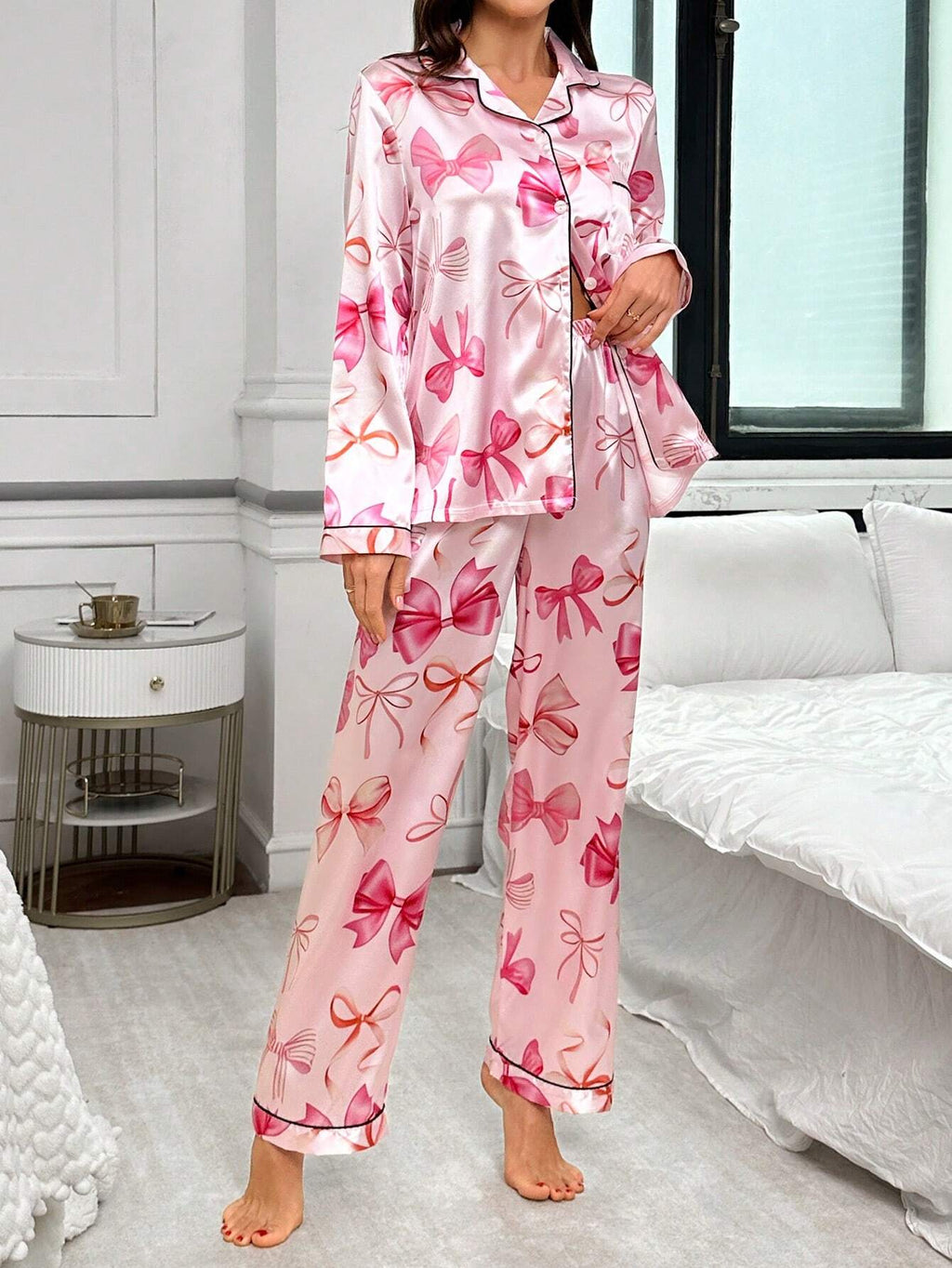 Bow-Knot Faux Silk Lapel Collar Open Front Long Sleeve Top & Pants Pajama Set, Fall Winter Clothes Cozy and Elegant Details