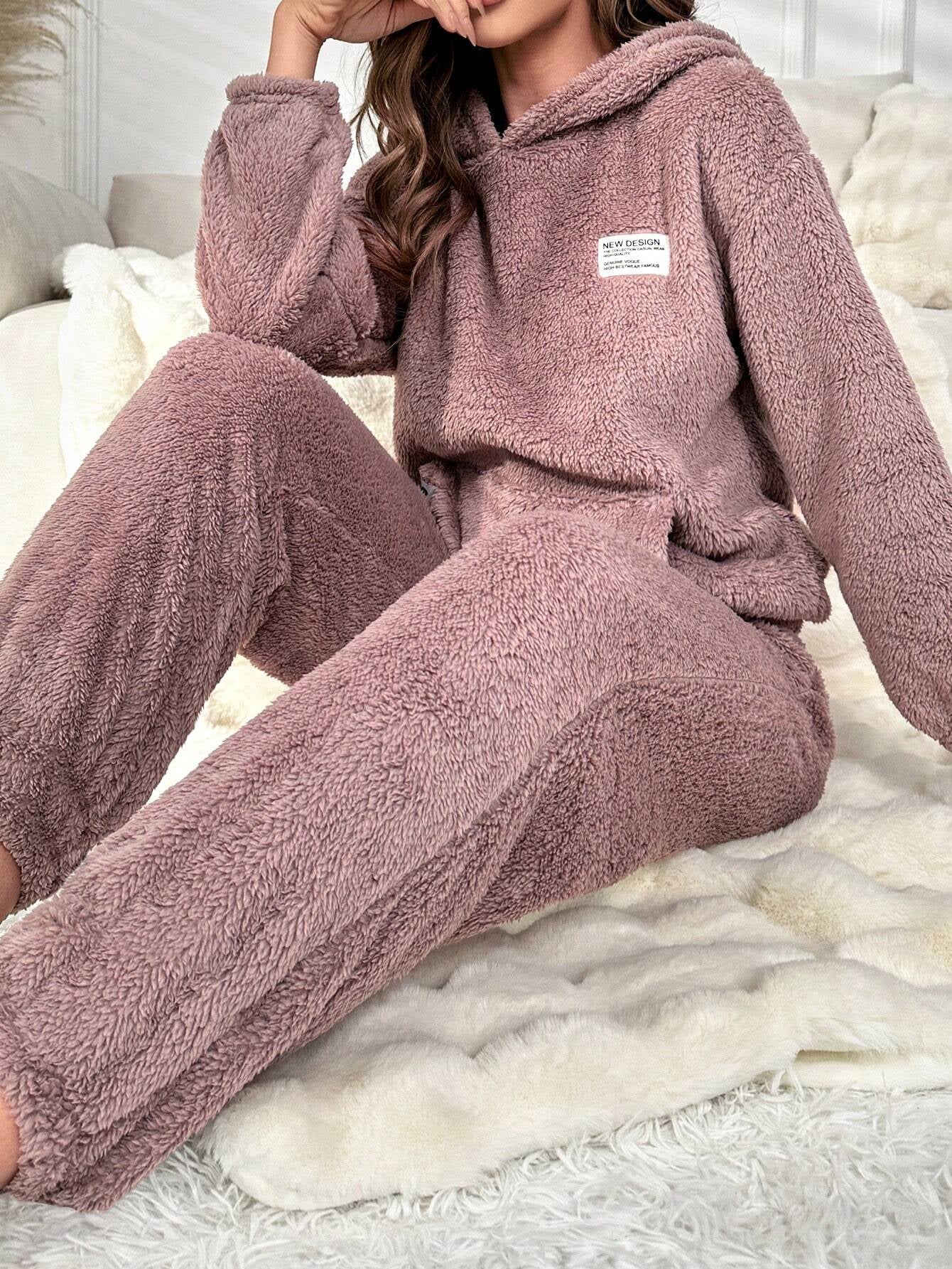 Slogan Patched Pocket Drop Shoulder Flannel Hoodie & Pants Lounge Set Outfit Cozy and Elegant Details, Fall Winter Clothes, Fluffy Pajama
