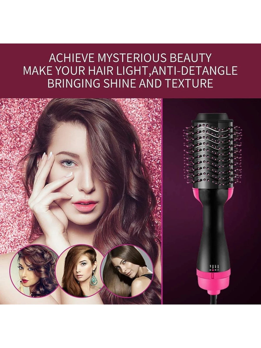 1 Pc Multifunctional Hot Air Comb,4-In-1 Hot Air Combhair Dryer, for Hair Curler & Straightener, Puffy Hairstyling,One-Step Volumizer Hair Dryer and Styler,Less Frizz, More Shine and Less Heat Damage for Salon-Style Blowouts Black/Pink