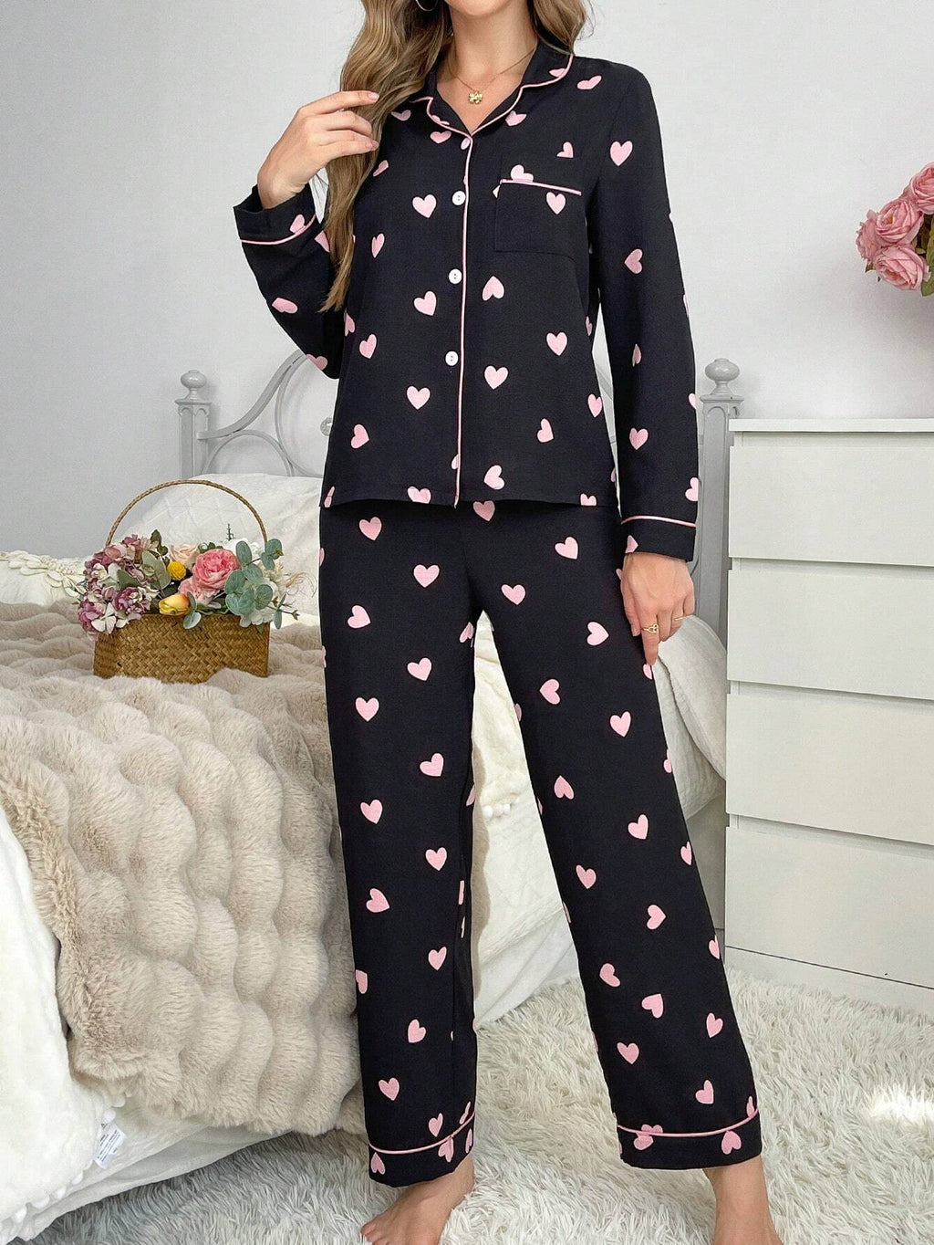 Contrast Color Trim Collared Top & Heart Bubble Wrinkled Women Pajama Set Cozy and Elegant Details, Fall Winter Clothes