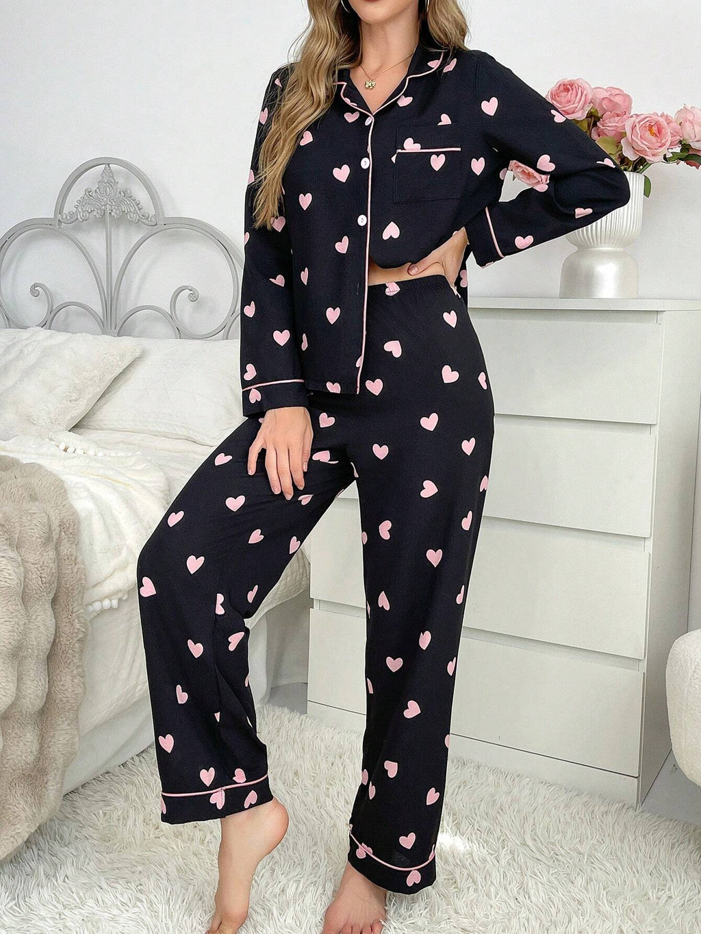 Contrast Color Trim Collared Top & Heart Bubble Wrinkled Women Pajama Set Cozy and Elegant Details, Fall Winter Clothes