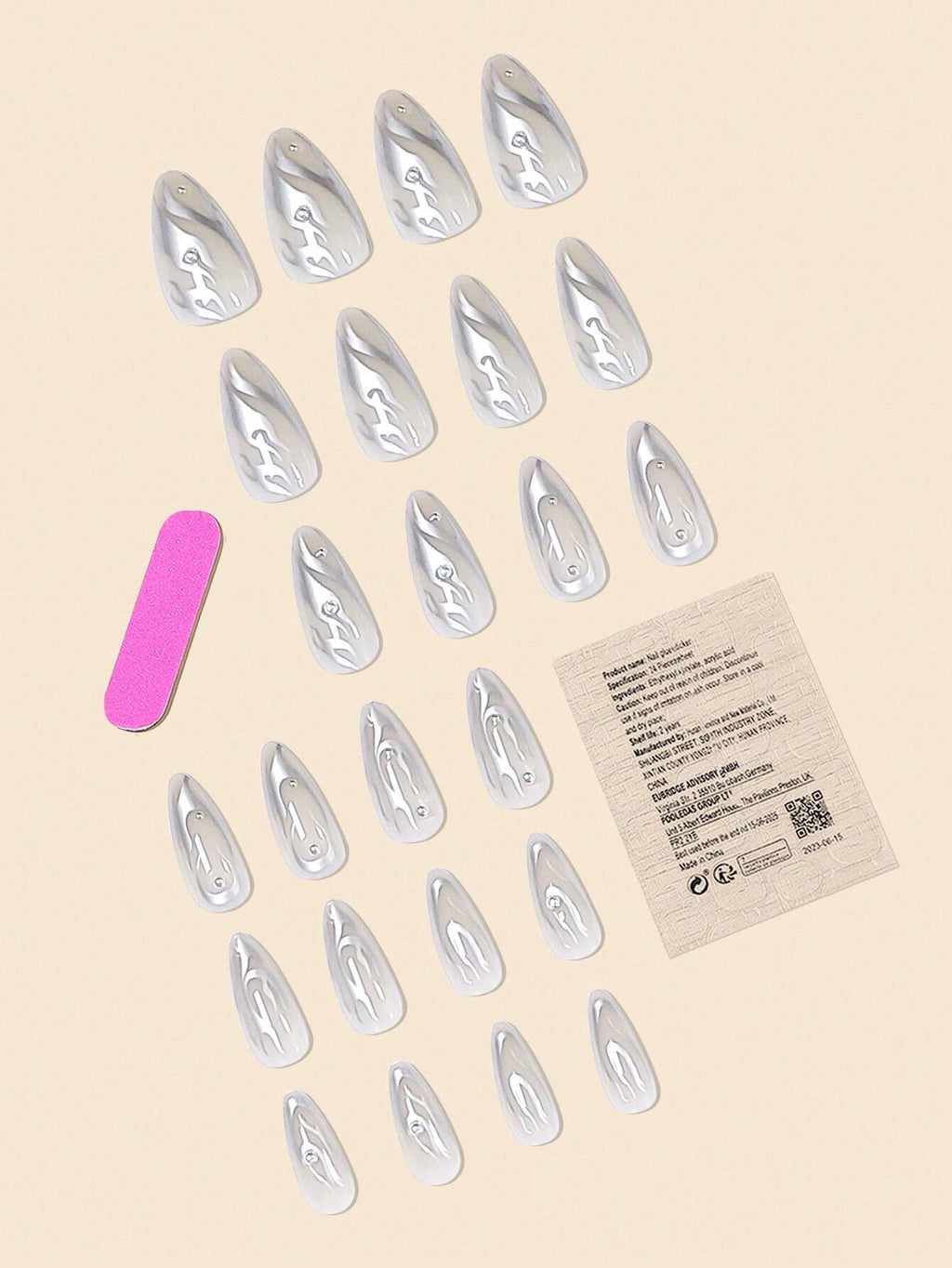 24Pcs/Set Silver Flame False Nails & Silver Pearl Almond Shaped False Nails + 24Pcs Jelly Glue + Nail File Press on Nails Nail Supplies