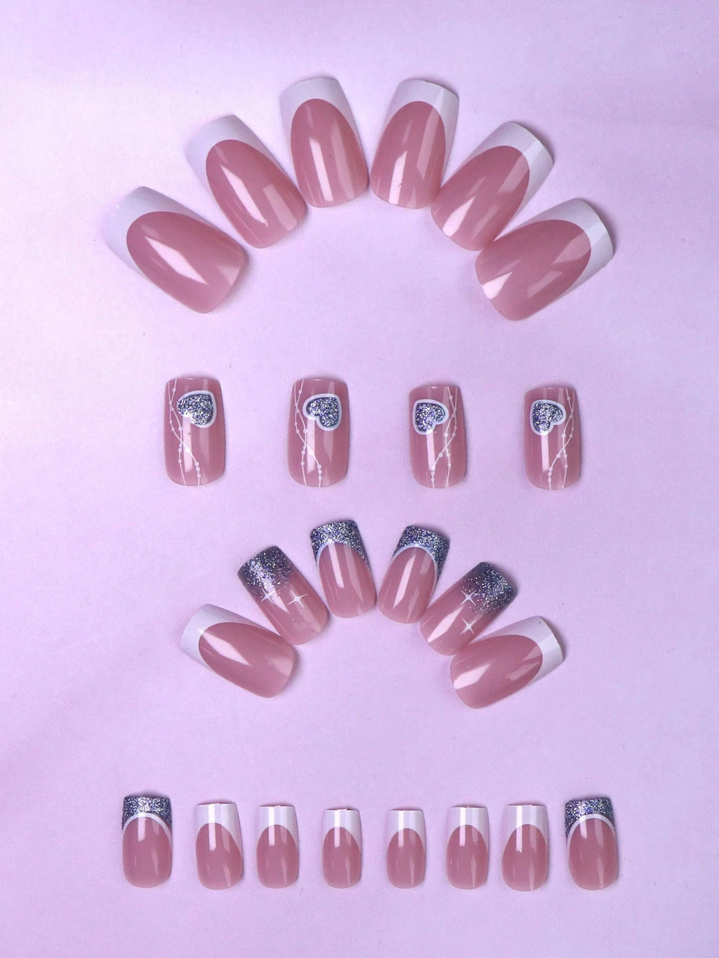 French Tip Square Medium Press on Nails 24Pcs Glossy Full Cover Artificial Glitter Fake Nails with Blue Heart Designs Coffin False Nails Fingernails with Charm for Women Girls Valentine'S Day and Wedding Nail Supplies Nails