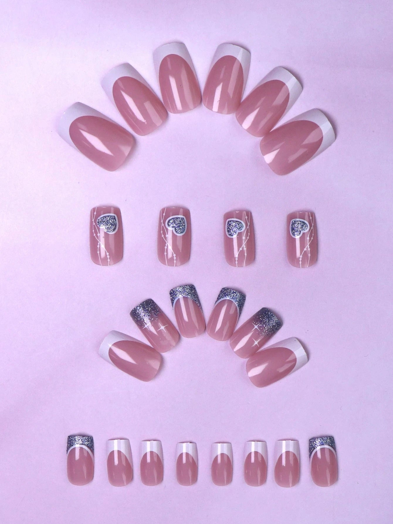 French Tip Square Medium Press on Nails 24Pcs Glossy Full Cover Artificial Glitter Fake Nails with Blue Heart Designs Coffin False Nails Fingernails with Charm for Women Girls Valentine'S Day and Wedding Nail Supplies Nails