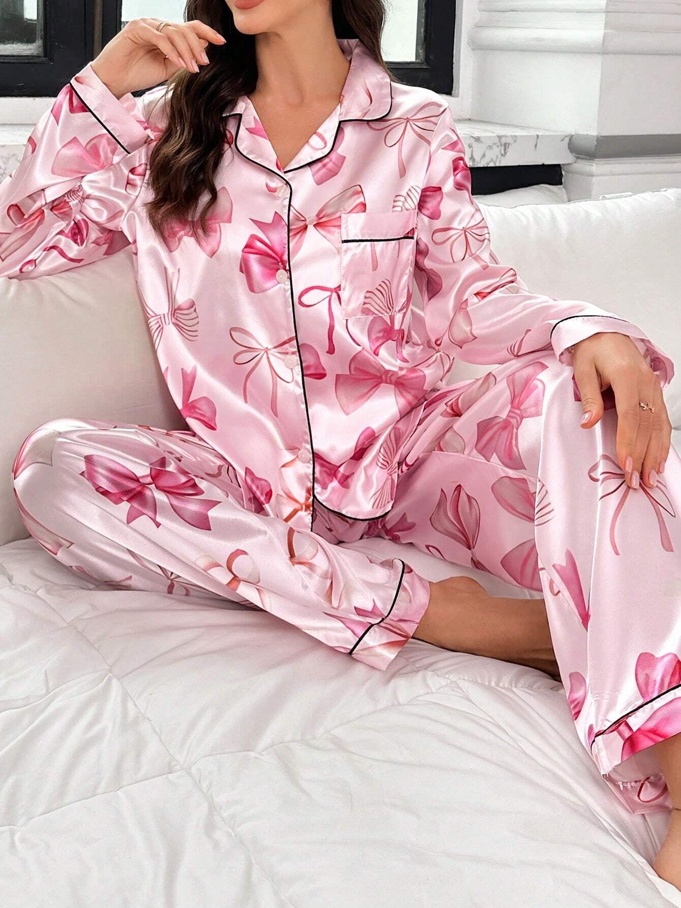 Bow-Knot Faux Silk Lapel Collar Open Front Long Sleeve Top & Pants Pajama Set, Fall Winter Clothes Cozy and Elegant Details