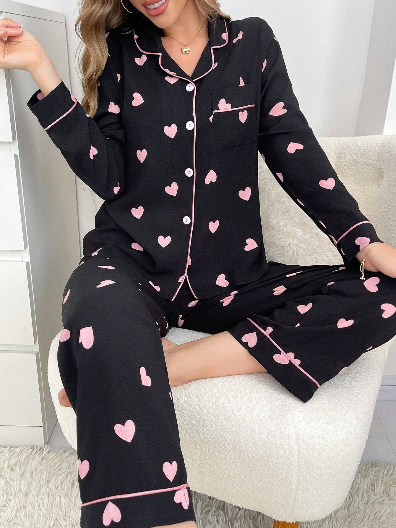 Contrast Color Trim Collared Top & Heart Bubble Wrinkled Women Pajama Set Cozy and Elegant Details, Fall Winter Clothes