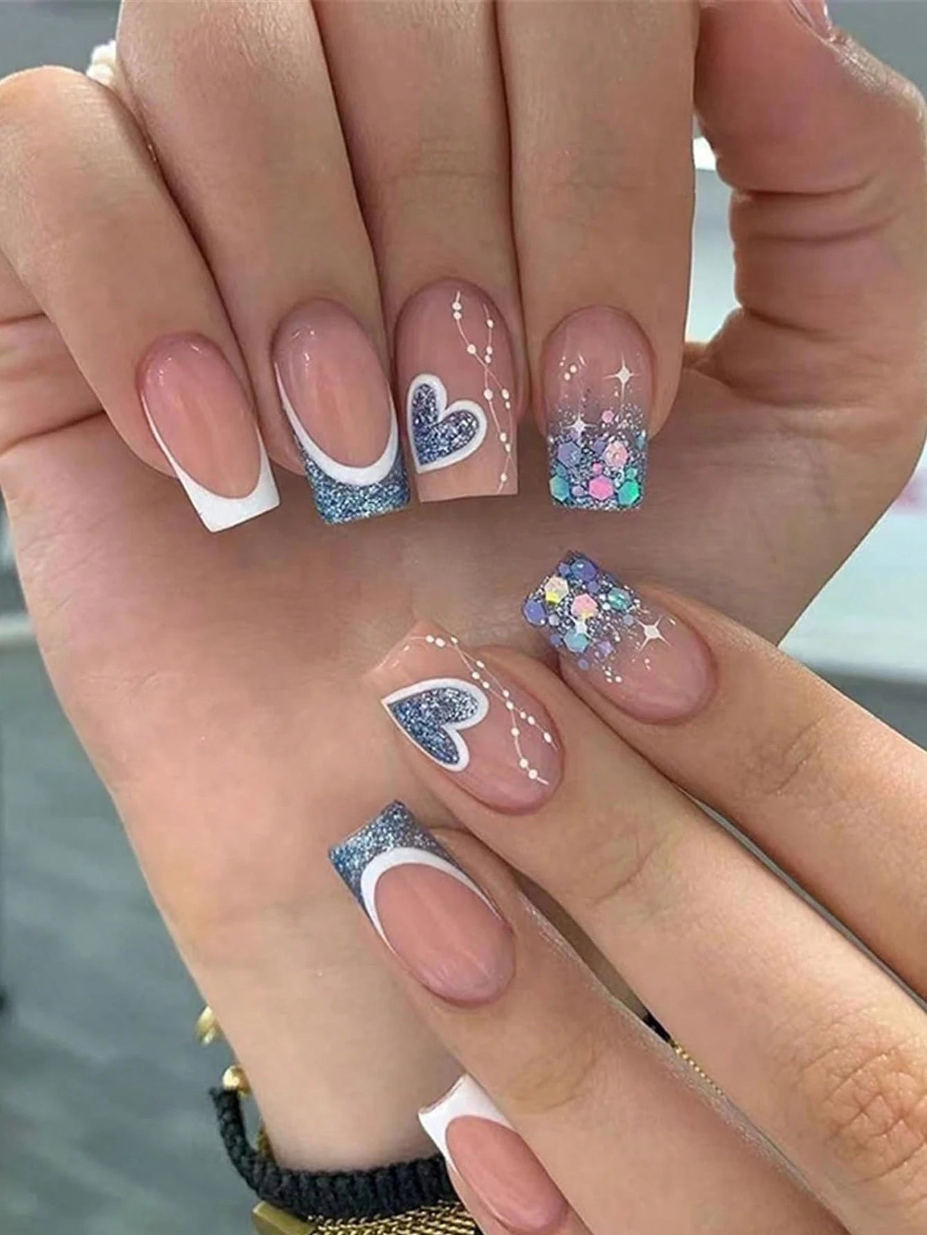 French Tip Square Medium Press on Nails 24Pcs Glossy Full Cover Artificial Glitter Fake Nails with Blue Heart Designs Coffin False Nails Fingernails with Charm for Women Girls Valentine'S Day and Wedding Nail Supplies Nails