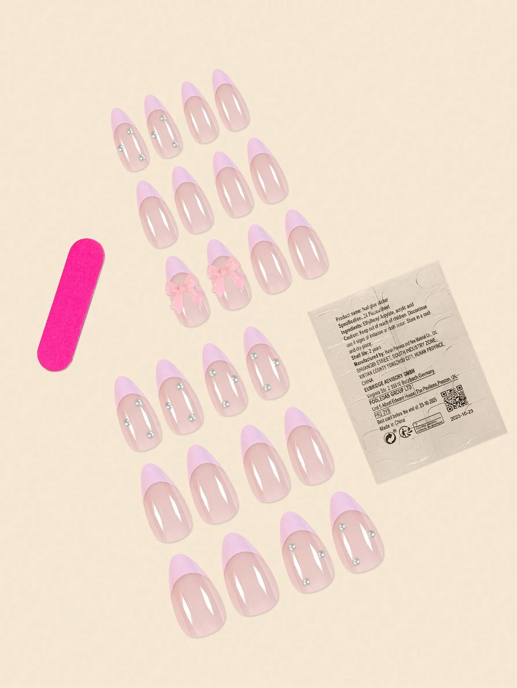 24Pcs Pearlescent Butterfly & Pink French False Nails in Almond Shape with Jelly Gum and Nail File Set Press on Nails Nail Supplies