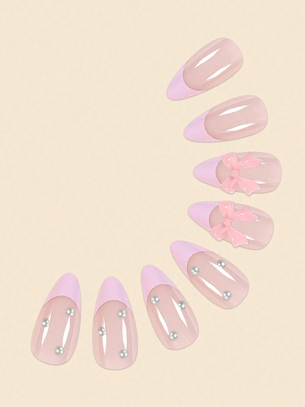 24Pcs Pearlescent Butterfly & Pink French False Nails in Almond Shape with Jelly Gum and Nail File Set Press on Nails Nail Supplies