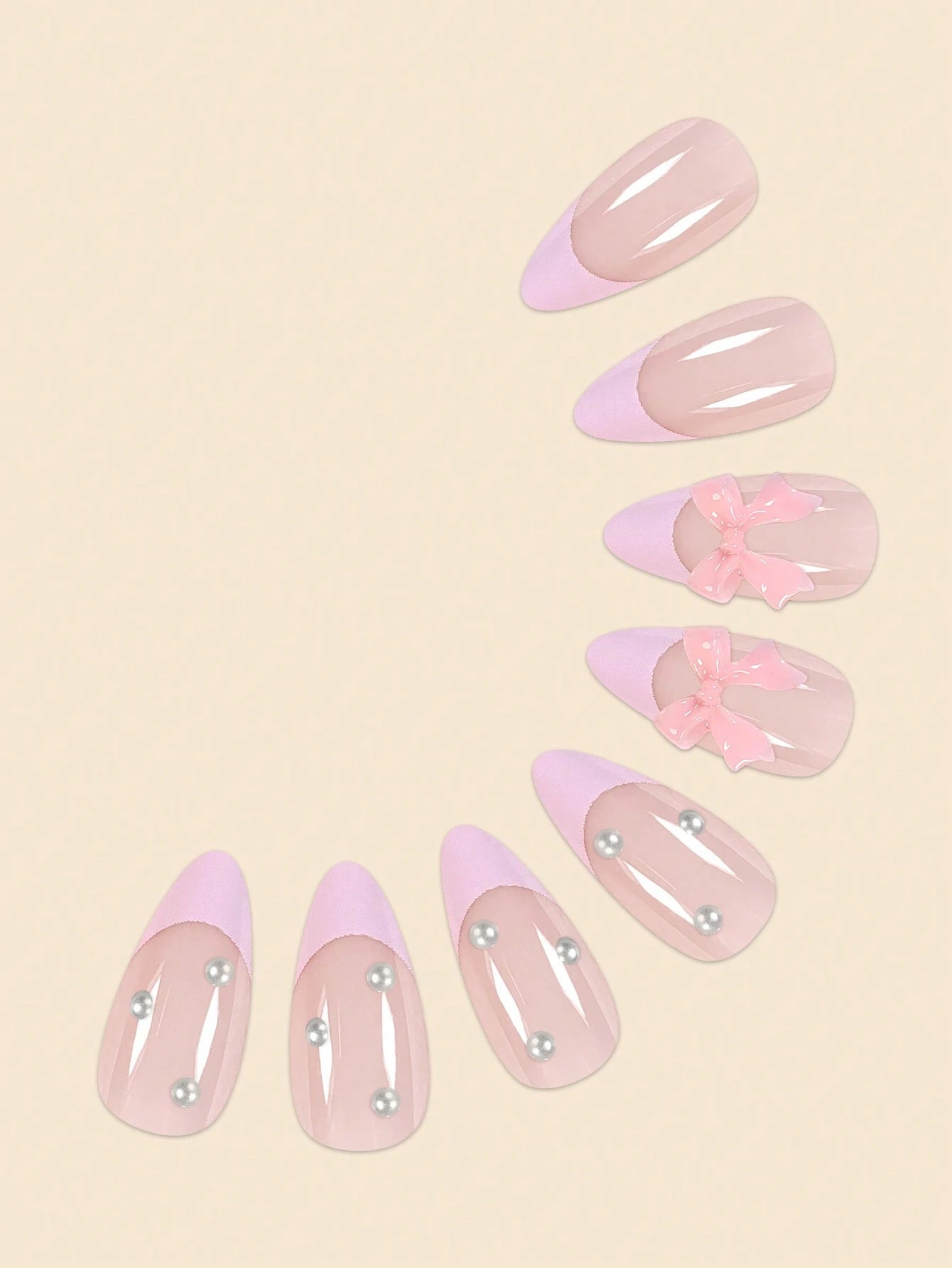 24Pcs Pearlescent Butterfly & Pink French False Nails in Almond Shape with Jelly Gum and Nail File Set Press on Nails Nail Supplies