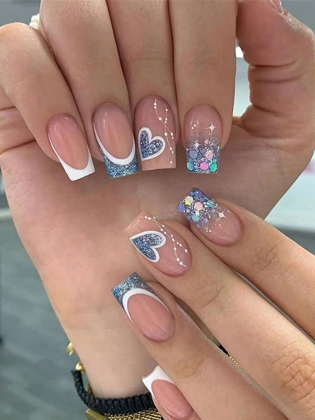 French Tip Square Medium Press on Nails 24Pcs Glossy Full Cover Artificial Glitter Fake Nails with Blue Heart Designs Coffin False Nails Fingernails with Charm for Women Girls Valentine'S Day and Wedding Nail Supplies Nails