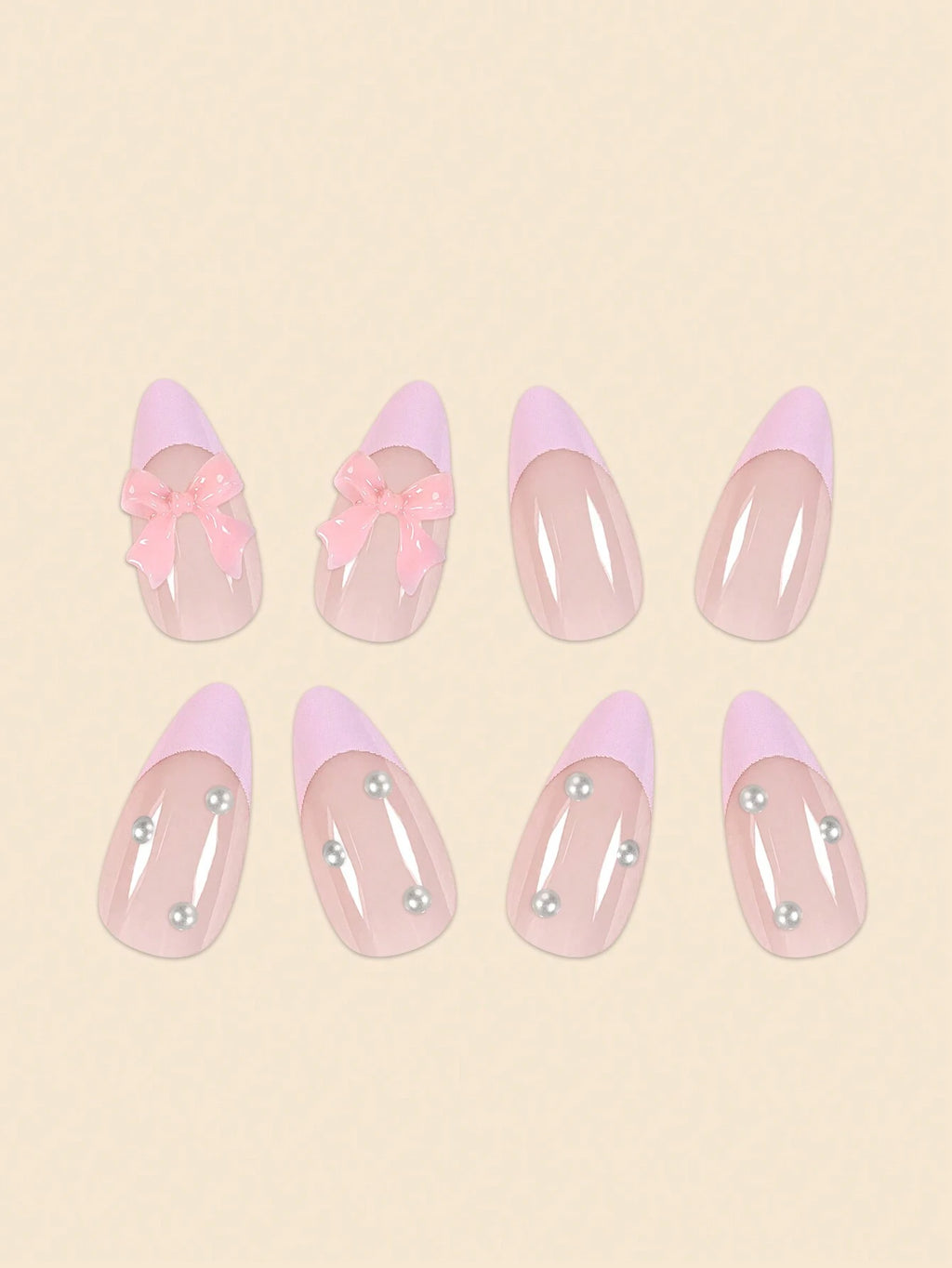 24Pcs Pearlescent Butterfly & Pink French False Nails in Almond Shape with Jelly Gum and Nail File Set Press on Nails Nail Supplies