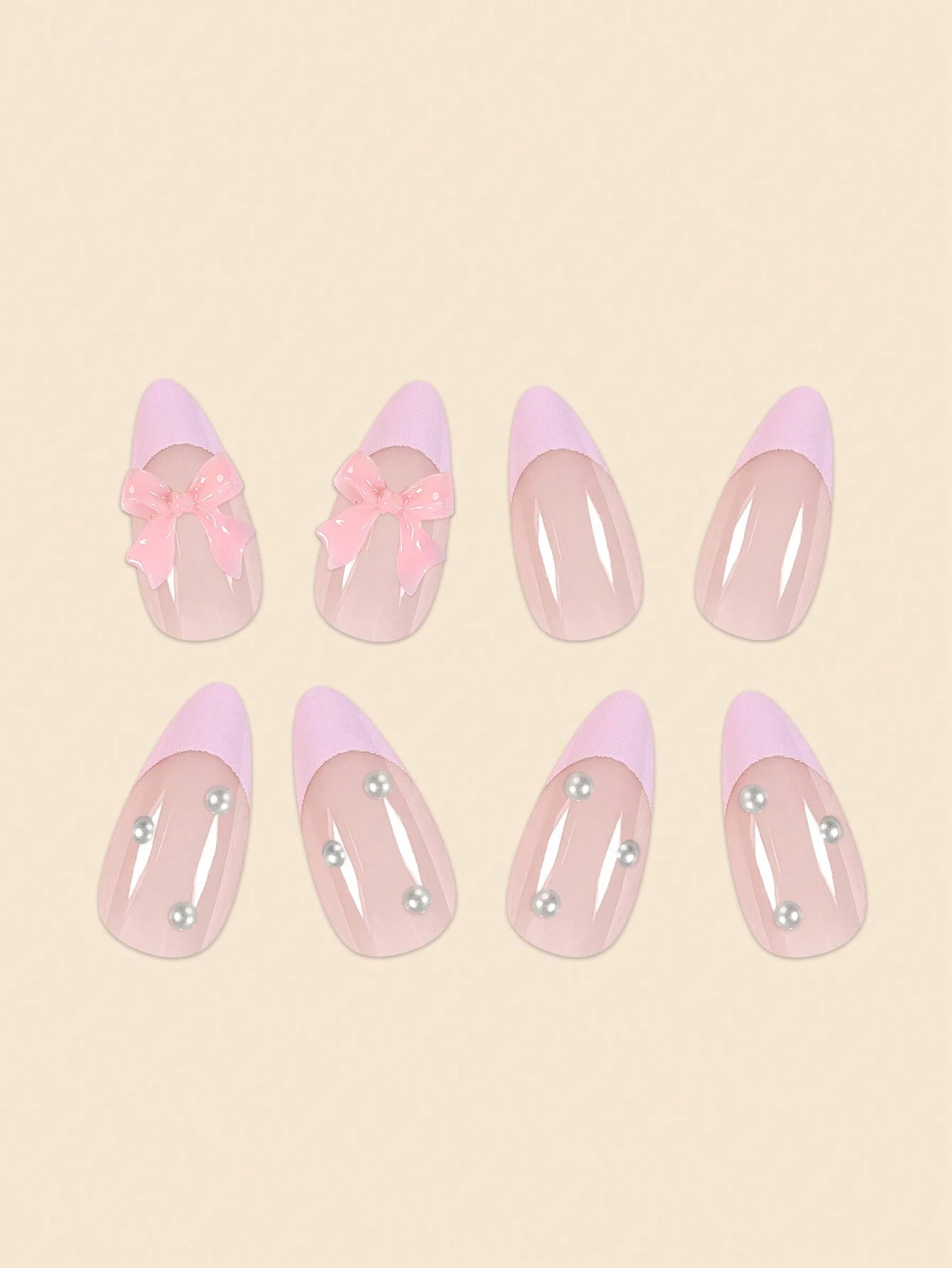 24Pcs Pearlescent Butterfly & Pink French False Nails in Almond Shape with Jelly Gum and Nail File Set Press on Nails Nail Supplies