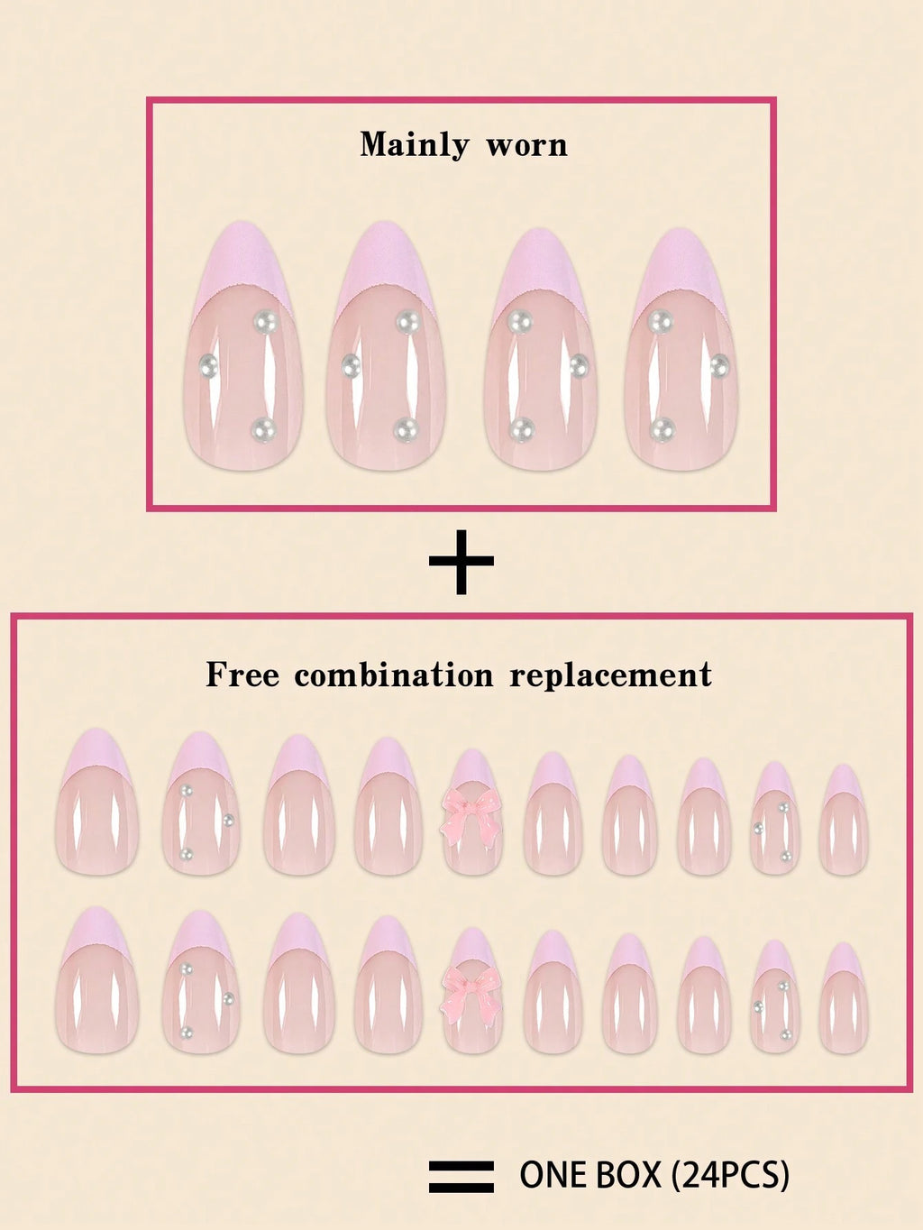 24Pcs Pearlescent Butterfly & Pink French False Nails in Almond Shape with Jelly Gum and Nail File Set Press on Nails Nail Supplies