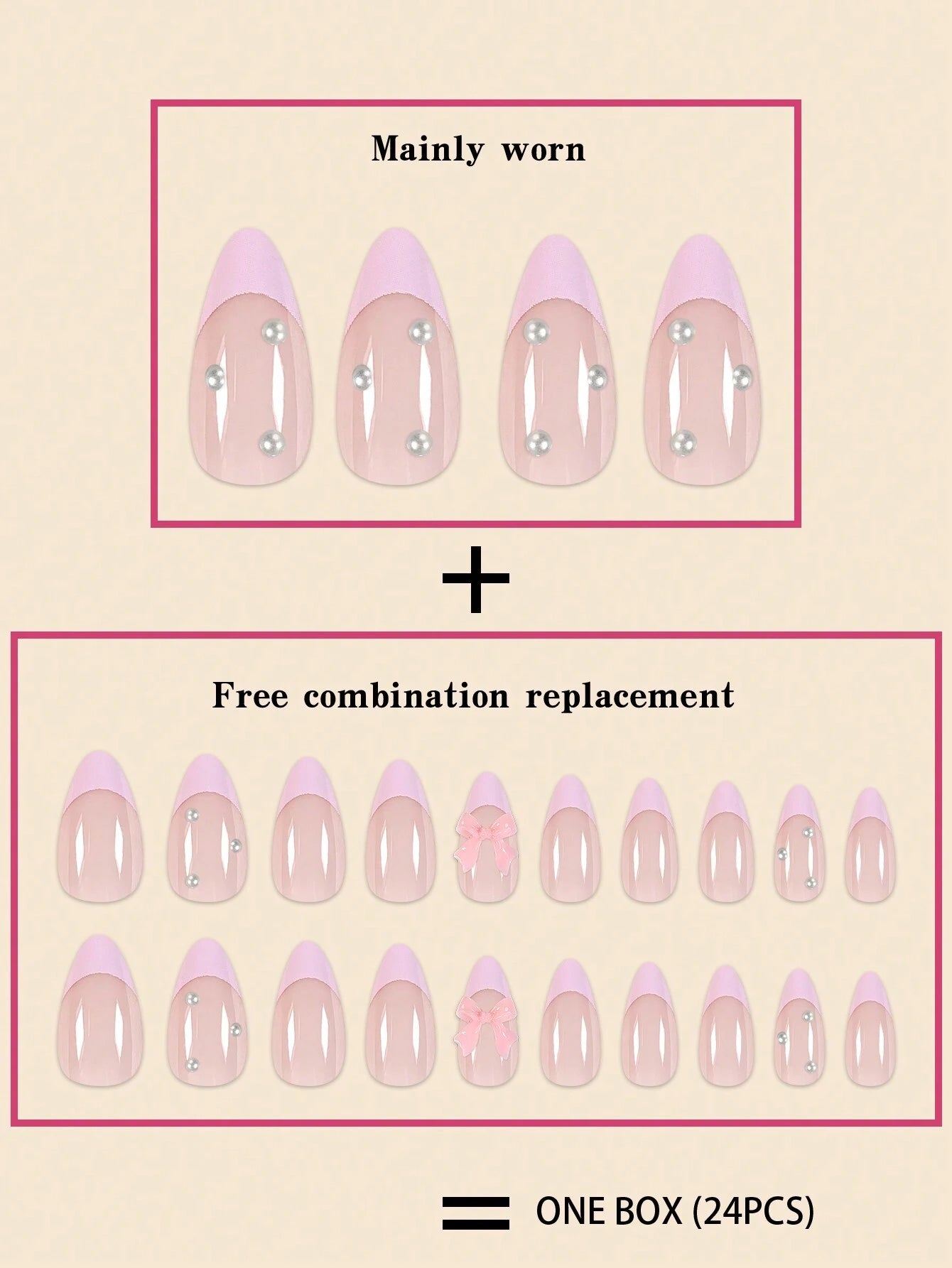 24Pcs Pearlescent Butterfly & Pink French False Nails in Almond Shape with Jelly Gum and Nail File Set Press on Nails Nail Supplies