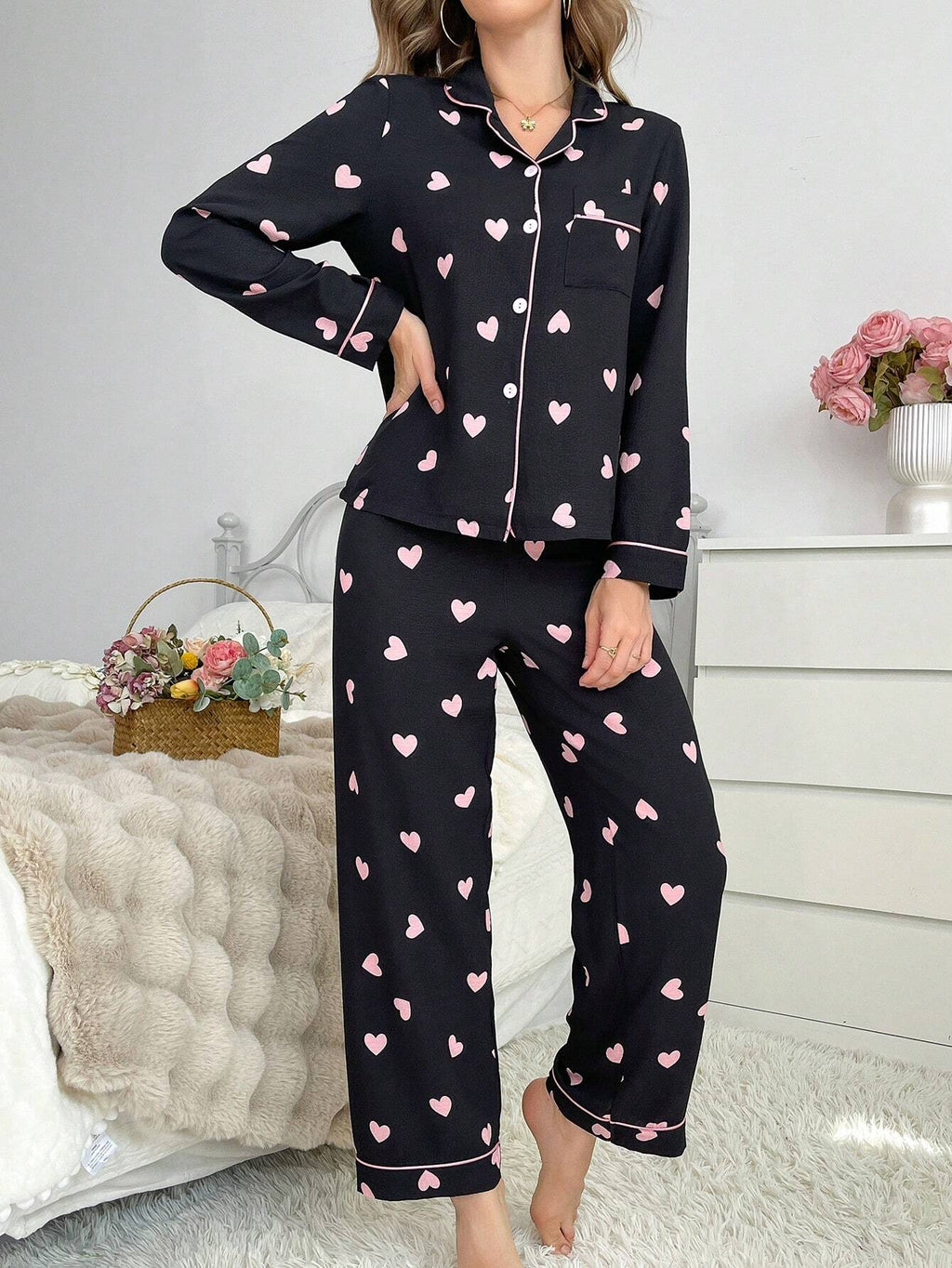 Contrast Color Trim Collared Top & Heart Bubble Wrinkled Women Pajama Set Cozy and Elegant Details, Fall Winter Clothes