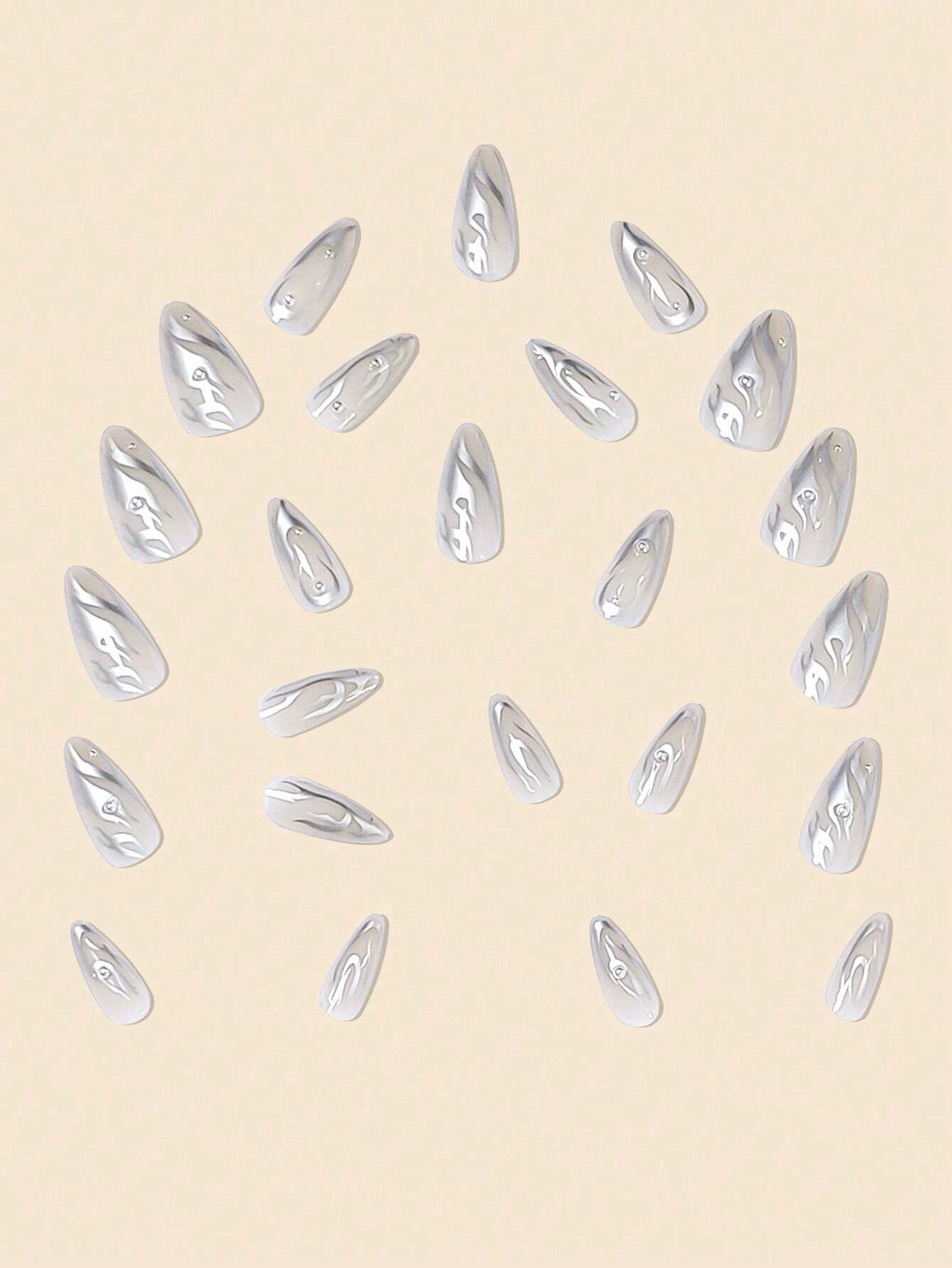 24Pcs/Set Silver Flame False Nails & Silver Pearl Almond Shaped False Nails + 24Pcs Jelly Glue + Nail File Press on Nails Nail Supplies