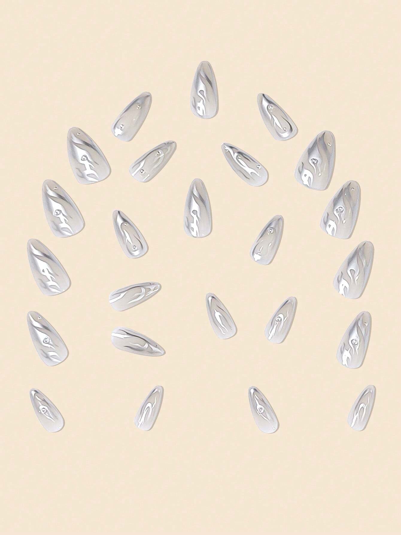 24Pcs/Set Silver Flame False Nails & Silver Pearl Almond Shaped False Nails + 24Pcs Jelly Glue + Nail File Press on Nails Nail Supplies