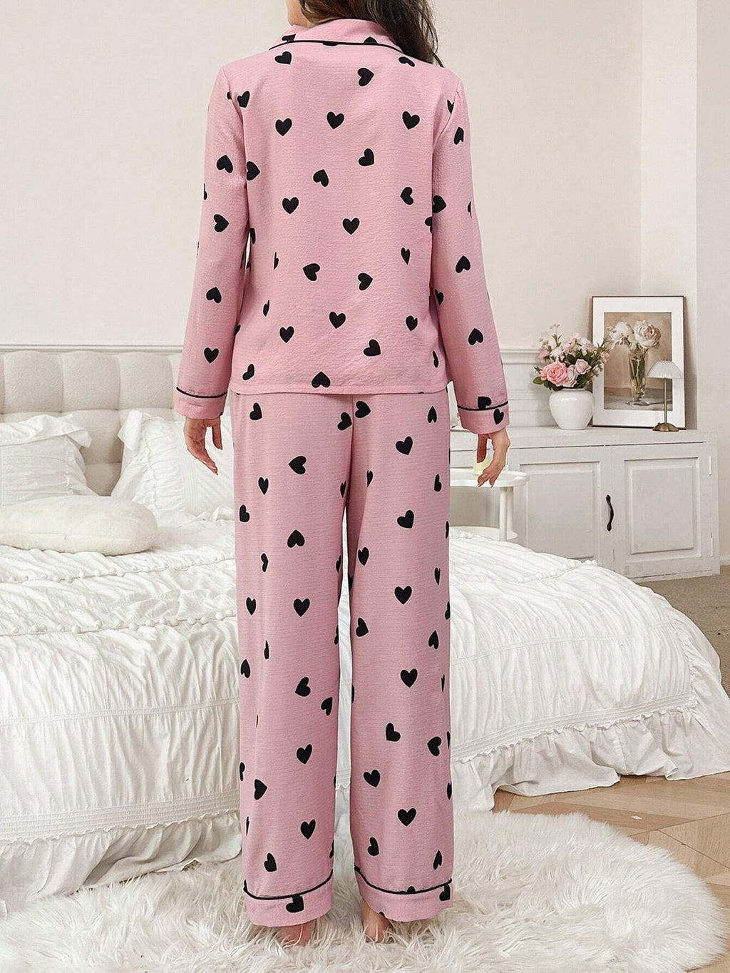 Contrasting Trim Collar Open Front Heart Bubble Crinkle Women Pajama Set, Fall Winter Clothes Cozy and Elegant Details