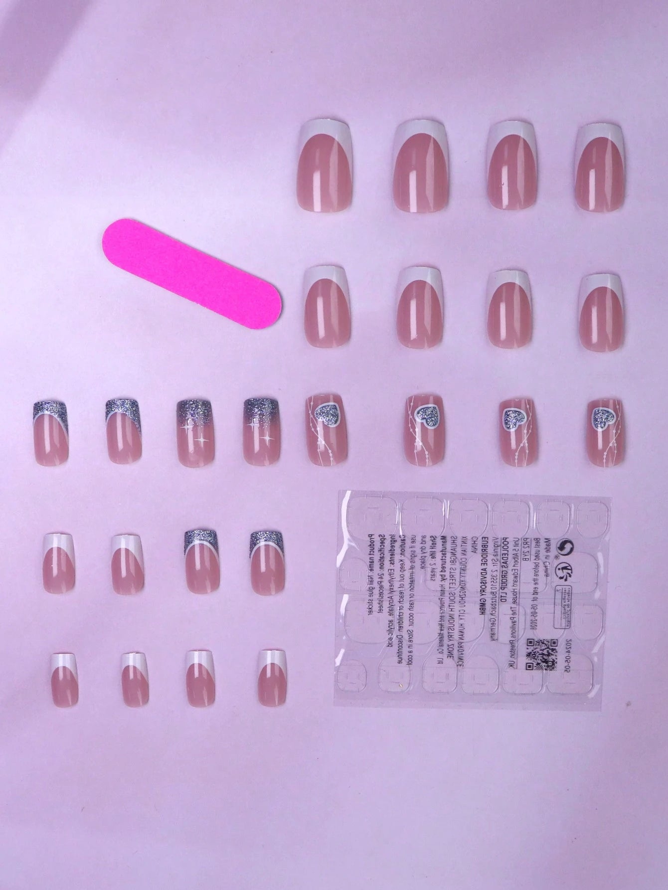 French Tip Square Medium Press on Nails 24Pcs Glossy Full Cover Artificial Glitter Fake Nails with Blue Heart Designs Coffin False Nails Fingernails with Charm for Women Girls Valentine'S Day and Wedding Nail Supplies Nails