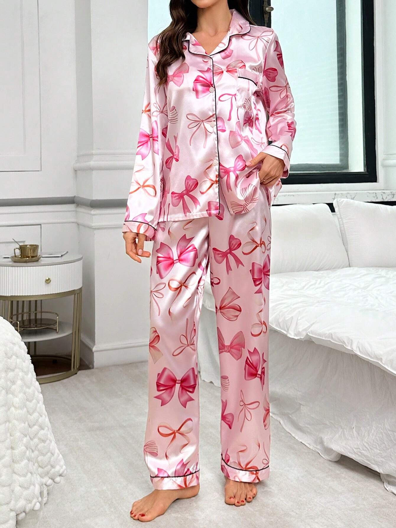 Bow-Knot Faux Silk Lapel Collar Open Front Long Sleeve Top & Pants Pajama Set, Fall Winter Clothes Cozy and Elegant Details